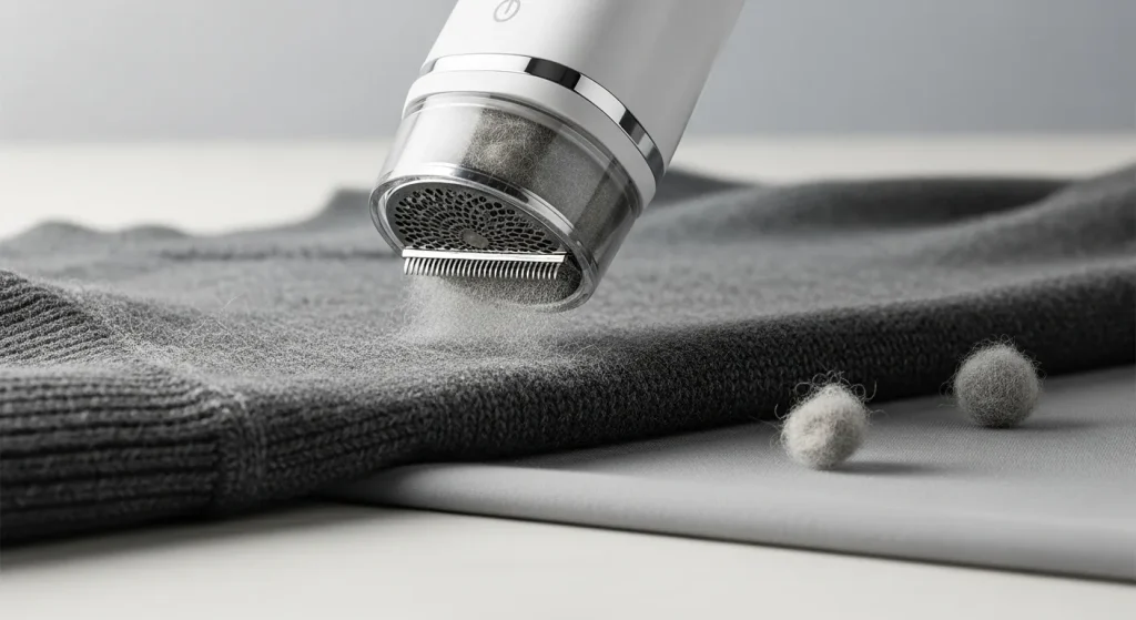 A close-up shot of a cordless fabric shaver resting on a soft, light-colored sweater, showcasing its sleek design and wide cutting head.