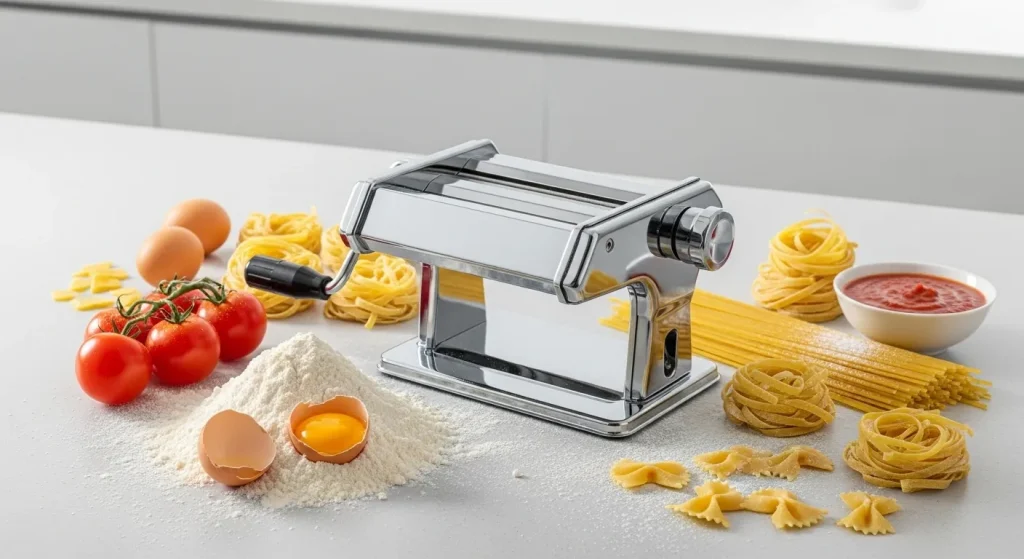 A stainless steel pasta maker with various types of fresh pasta and ingredients arranged on a kitchen counter.