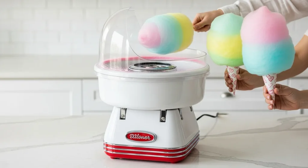 A retro-styled cotton candy machine making pink, blue, and yellow cotton candy onto sticks.