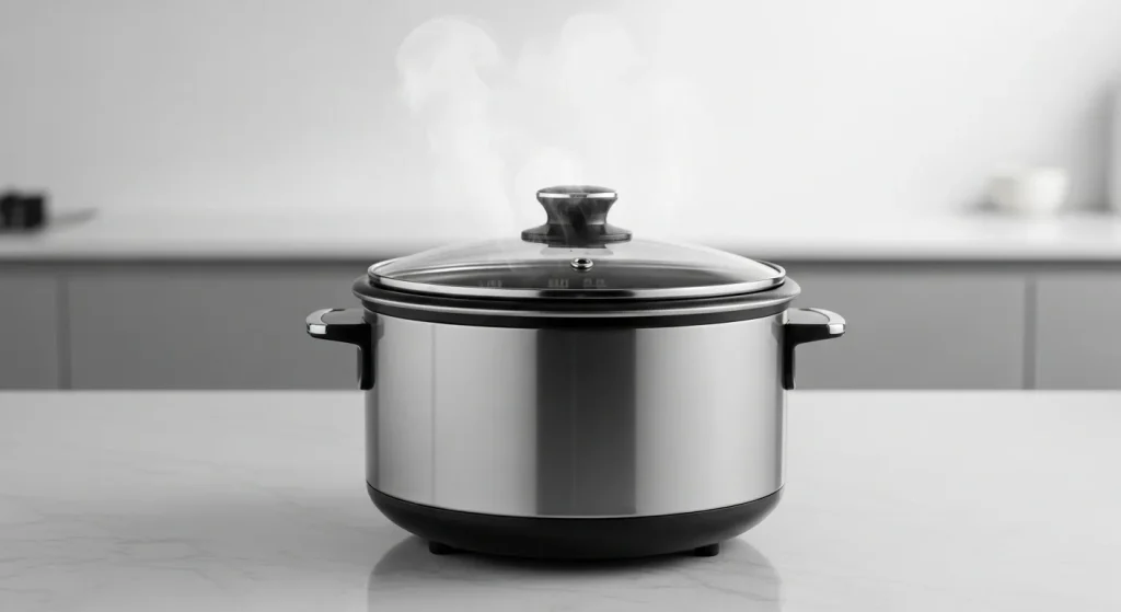 A stainless steel rice cooker with a glass lid, showing steam rising from it, sits on a clean kitchen counter.