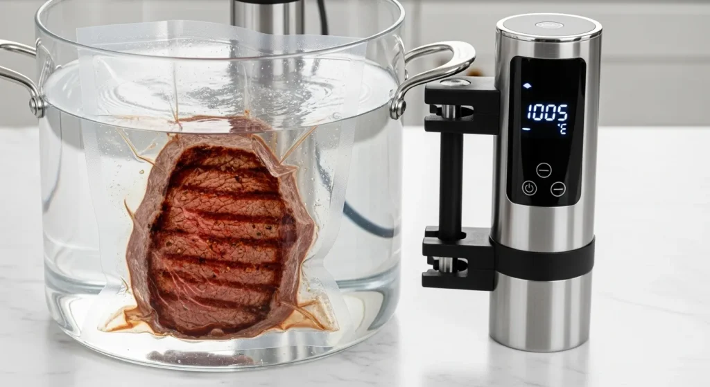 A stainless steel sous vide immersion circulator in a pot of water, with several vacuum-sealed bags of food submerged.