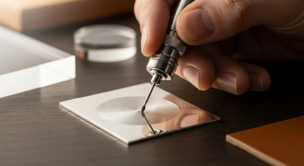 A person's hand using a small, hand-held engraving tool to etch a design onto a silver surface.