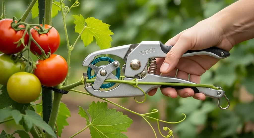 A close-up view of a hand-held garden tool used to tie plants to supports.