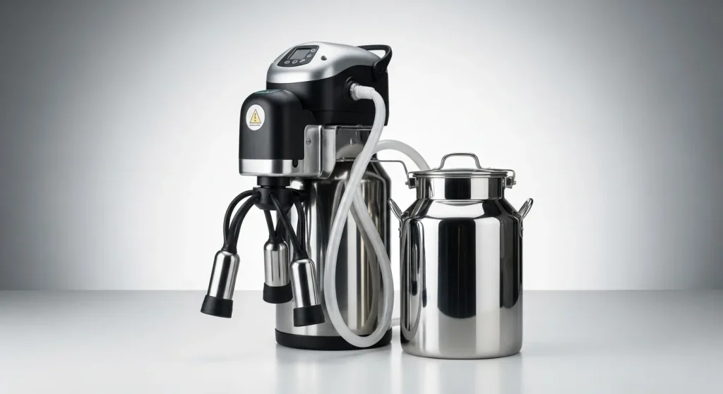 A close-up view of a small electric milking machine and a stainless steel milk pail.