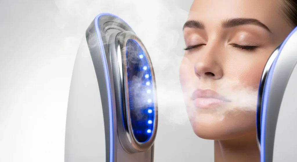 A close-up of a facial sauna device emitting steam, with details such as controls and attachments visible.