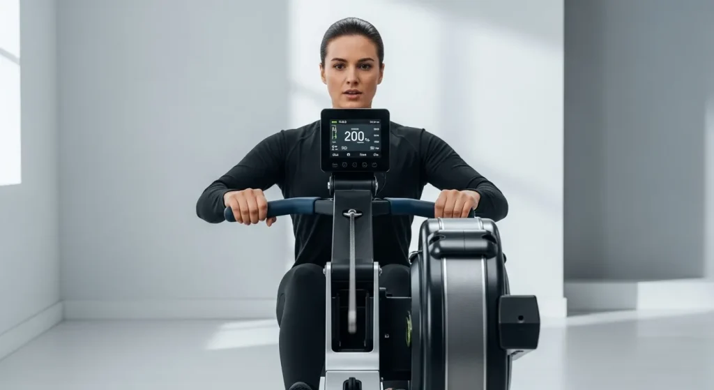 A person using a modern rowing machine indoors.