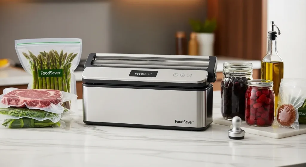 A stainless steel vacuum sealer and several vacuum-sealed bags and containers on a kitchen counter.