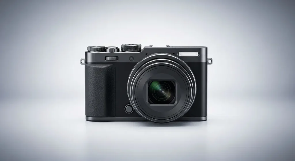 A compact digital camera rests on a table, showcasing its small size and sleek design.