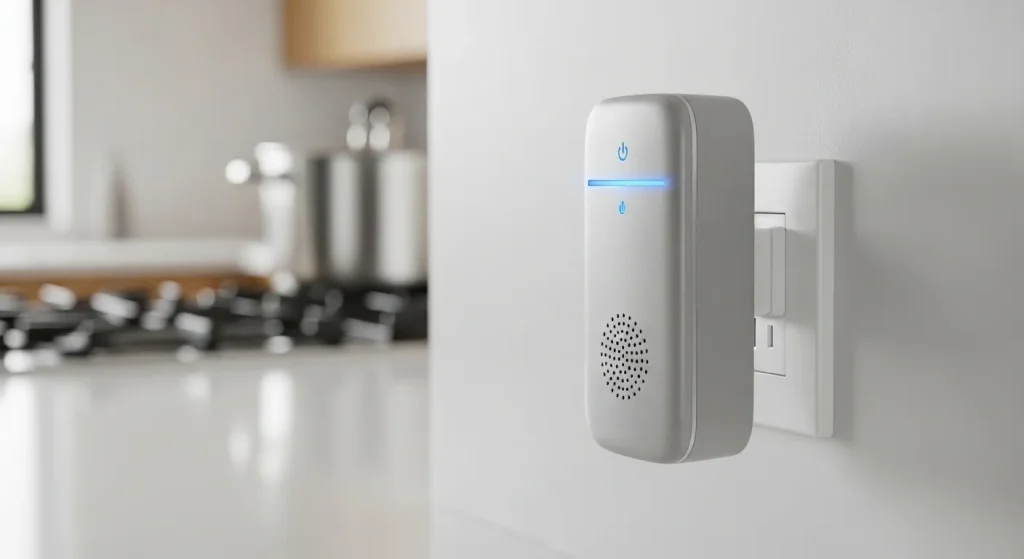 A small electronic device, possibly wall-mounted, emits ultrasonic waves to repel rodents.