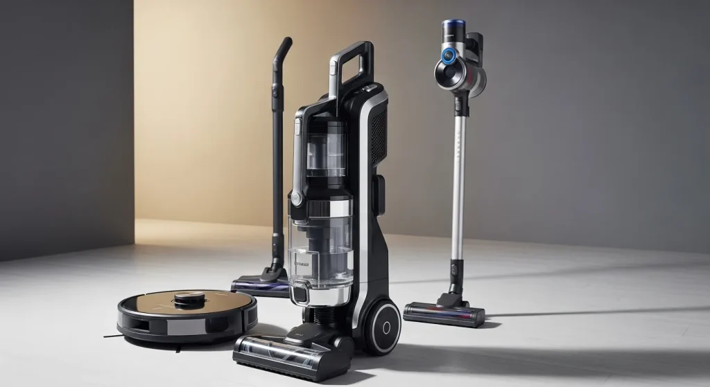 A comparison of three different vacuum cleaners: a corded upright, a robot vacuum, and a cordless stick vacuum.