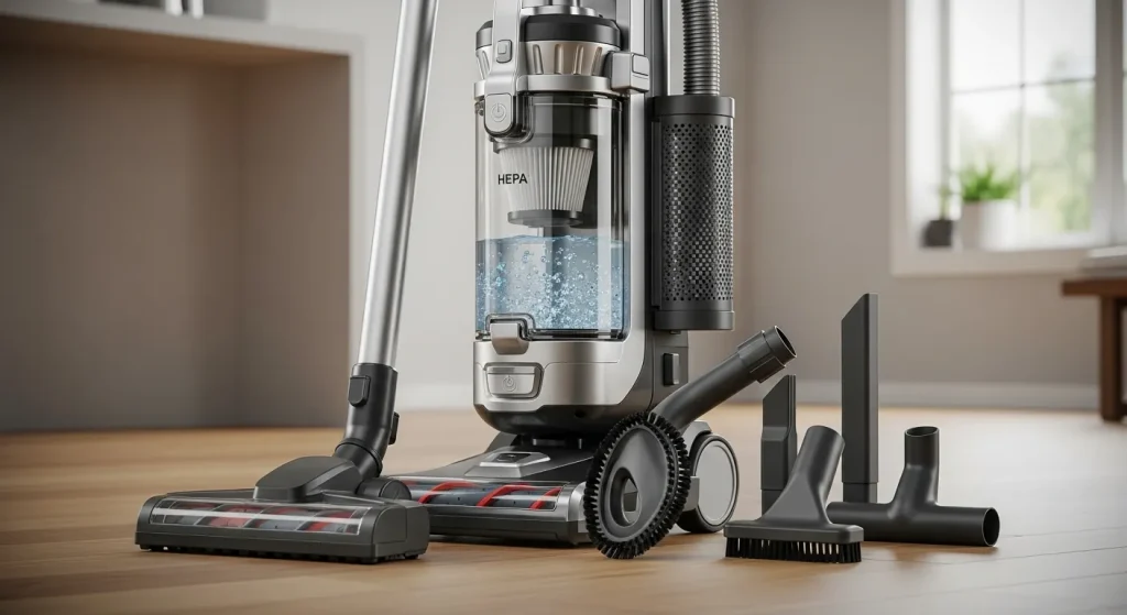 An upright wet/dry vacuum cleaner with various attachments, standing in a clean room.