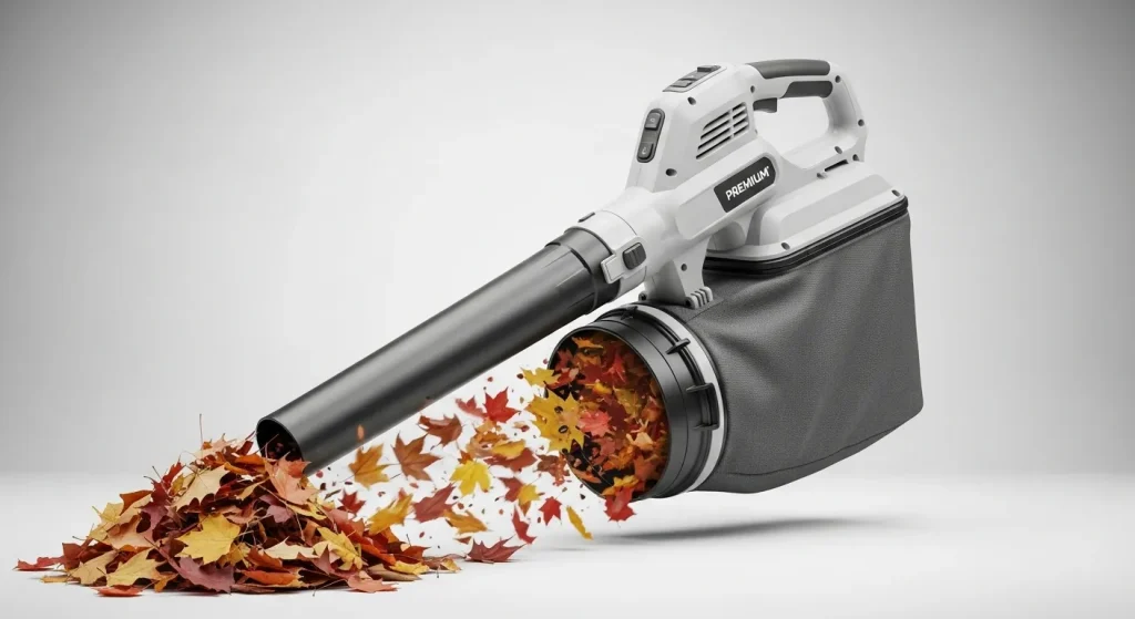 A leaf blower/vacuum with a large collection bag, showing both the blowing and vacuuming functions.