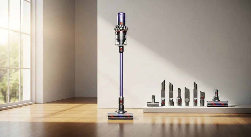 A Dyson cordless vacuum cleaner stands on a hardwood floor next to various cleaning attachments in a brightly lit room.