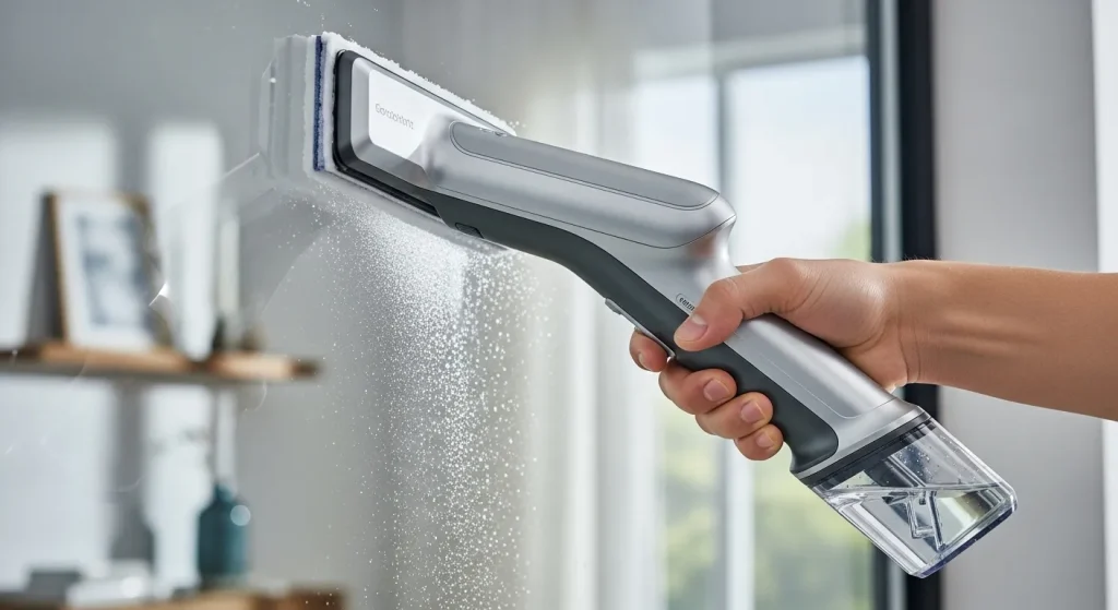 A person using a cordless window cleaning vacuum to clean a large window, leaving the glass clean and dry.