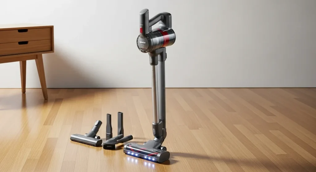 A Miele vacuum cleaner, various attachments, and a hardwood floor.