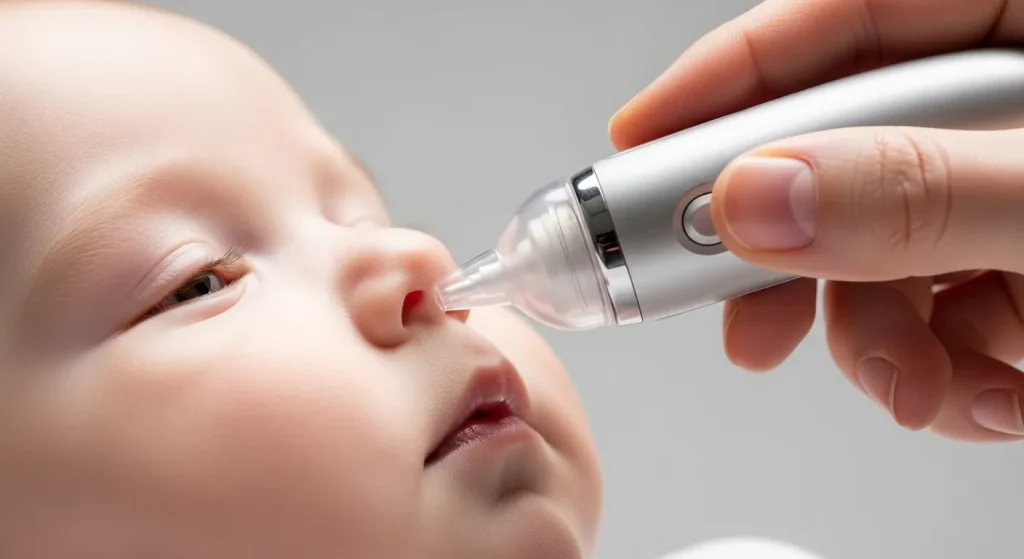 A close-up photograph depicts a soft-tipped nasal aspirator gently cleaning a baby's nostril.