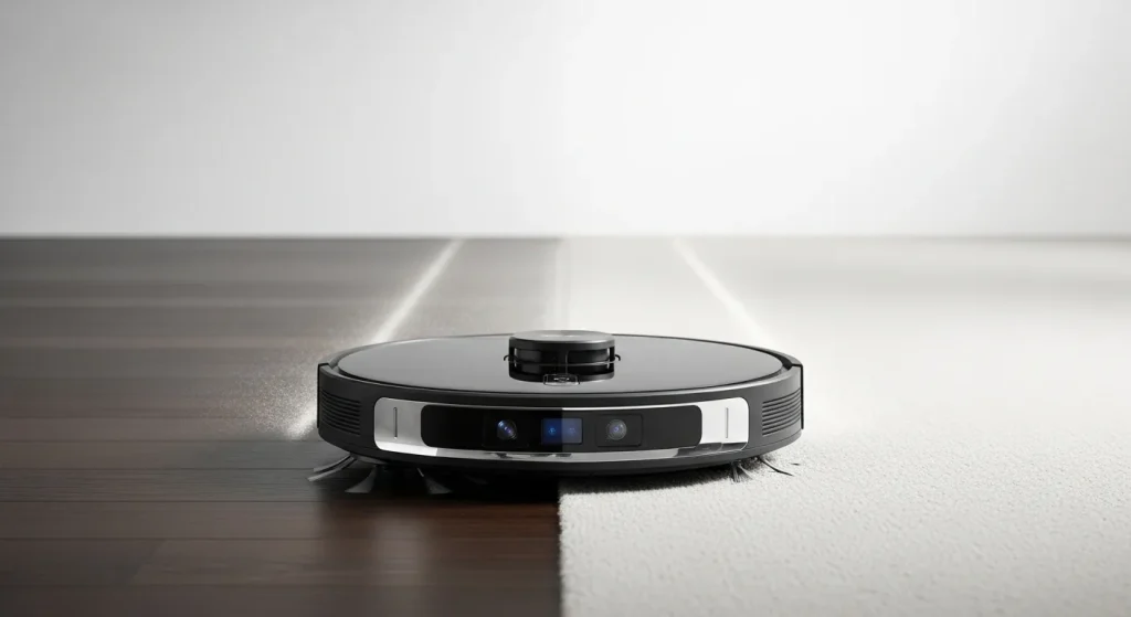A robotic vacuum cleaner cleans a hardwood floor, navigating around furniture and other obstacles.