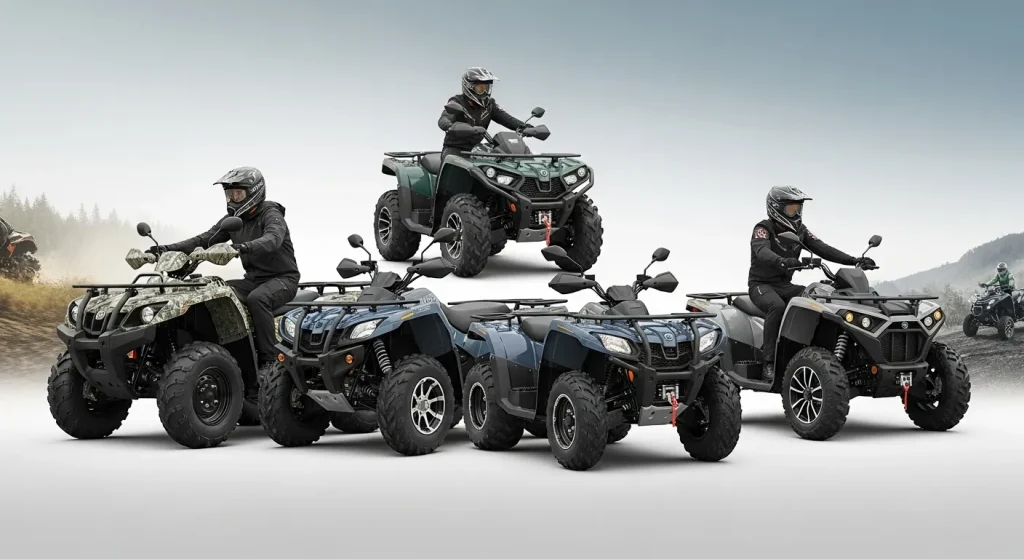 Several all-terrain vehicles (ATVs) of varying styles and colors are shown in various off-road environments.
