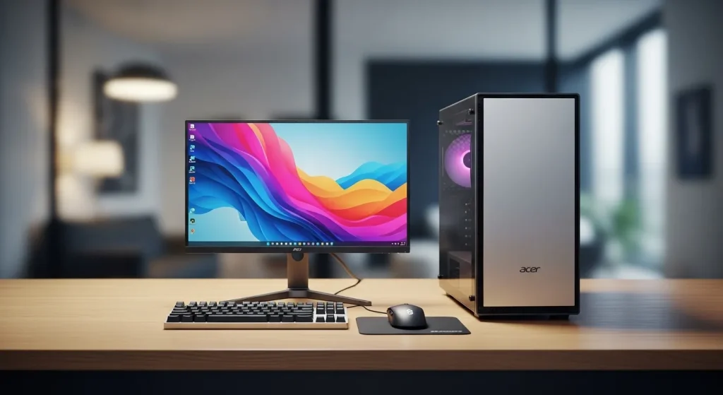 A modern desktop computer with a sleek case and keyboard and mouse.