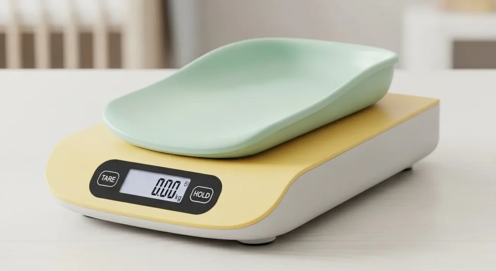 A digital baby scale with a removable tray, showing a large LCD screen and ergonomic design.
