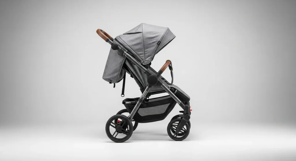 A modern, gray 3-in-1 stroller with large wheels is folded compactly.