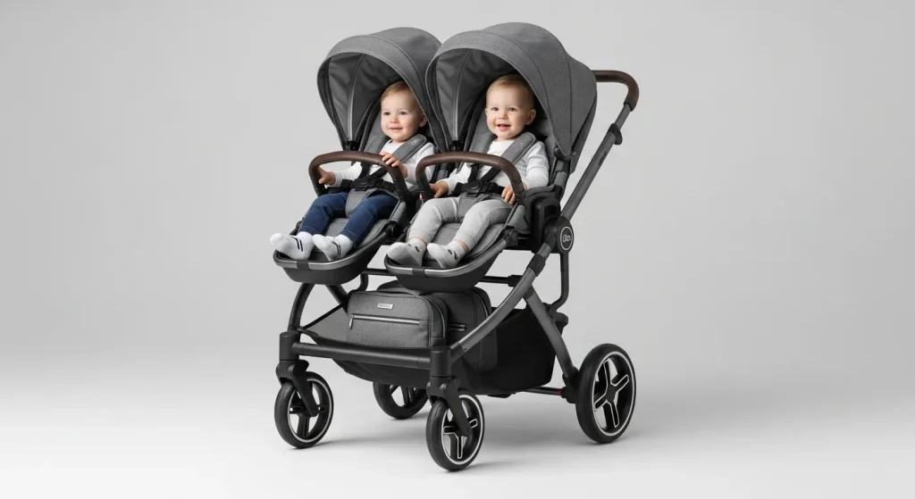 A double stroller with two individual seats, adjustable canopies, and a large storage basket, is shown.
