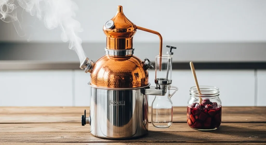 A copper and stainless steel still with a glass collection vessel sits on a wooden surface.
