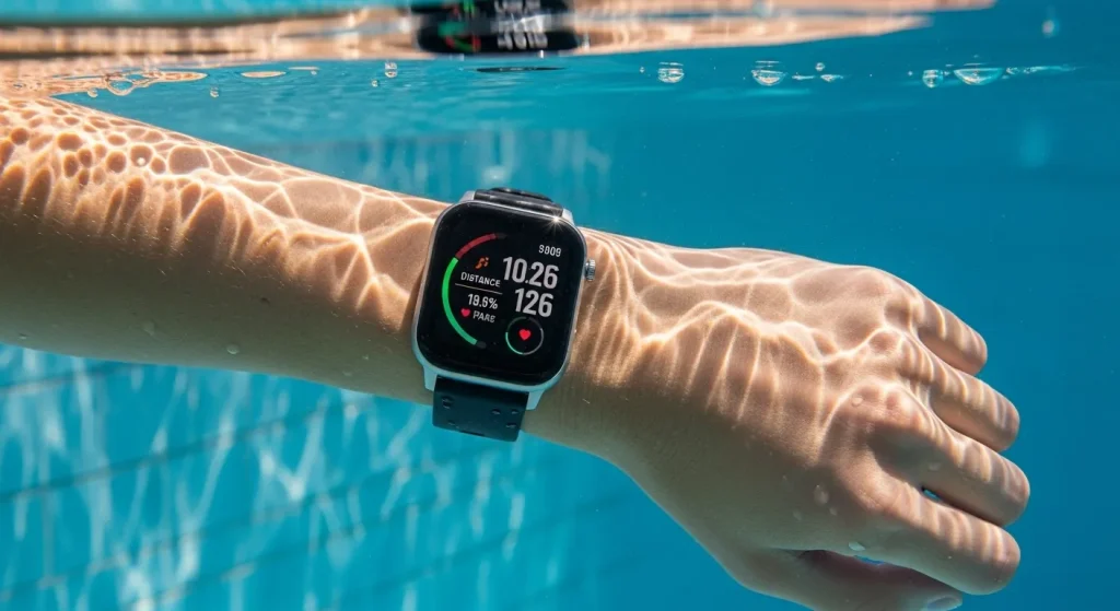 A waterproof smartwatch with a digital display showing swimming metrics is partially submerged in a swimming pool.