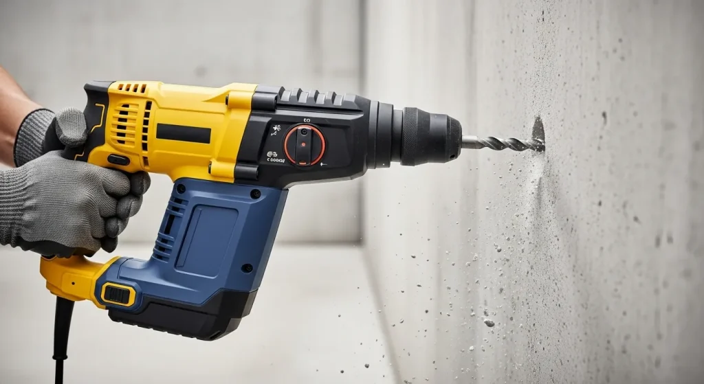 A rotary hammer drill with a drill bit inserted into a concrete wall.
