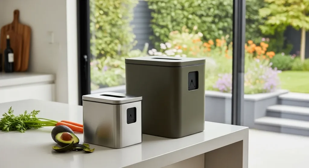 Two sleek compost bins sit on a kitchen counter, next to a lush garden scene visible through a window.