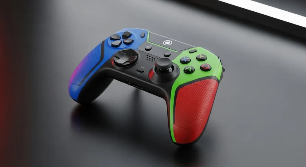 A modern video game controller with textured grips, situated on a dark surface.