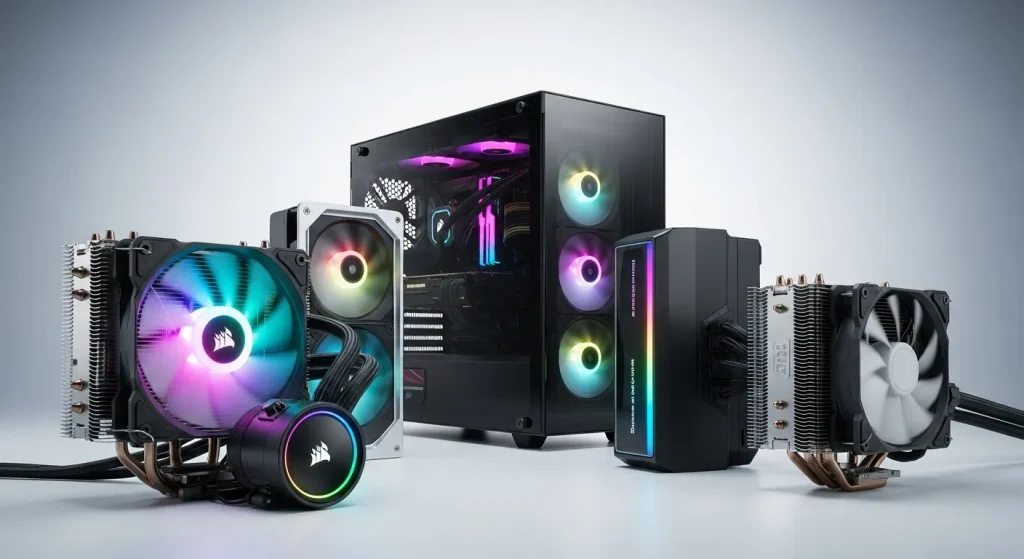 A close-up photograph showing several different CPU coolers, highlighting their varying designs and RGB lighting features.