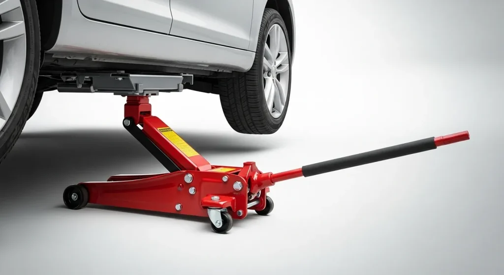 A red hydraulic jack, styled like a crocodile, is positioned under a car, its handle extended.