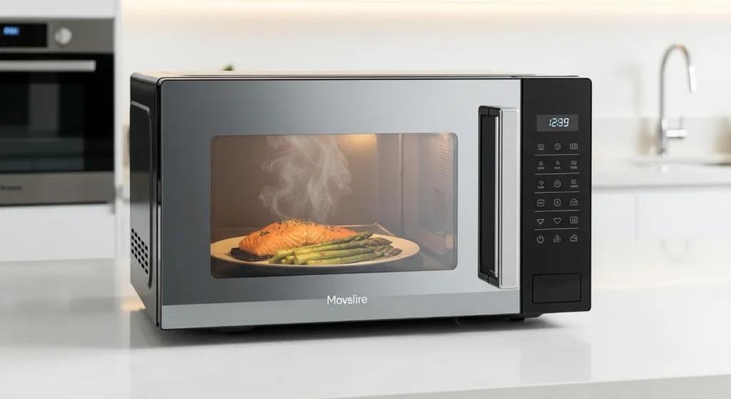 A black microwave oven with a glass front and digital controls sits on a kitchen counter.