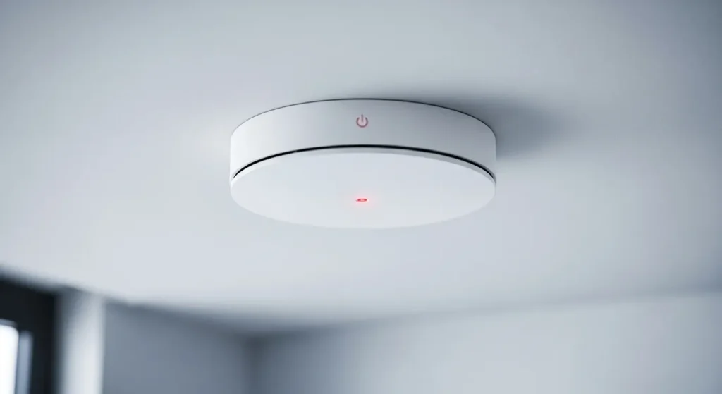 A small, wireless smoke detector is mounted on a ceiling.