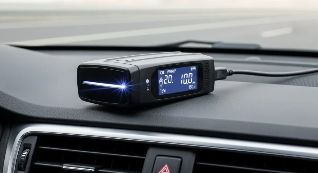A black radar detector mounted on a car's dashboard, displaying information and featuring a small LED light.