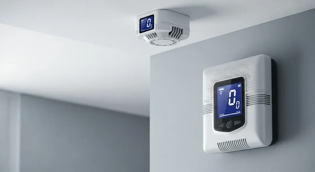 A carbon monoxide detector with a digital display and a smaller smoke detector are mounted on a wall and ceiling, respectively, in a clean, brightly lit room.