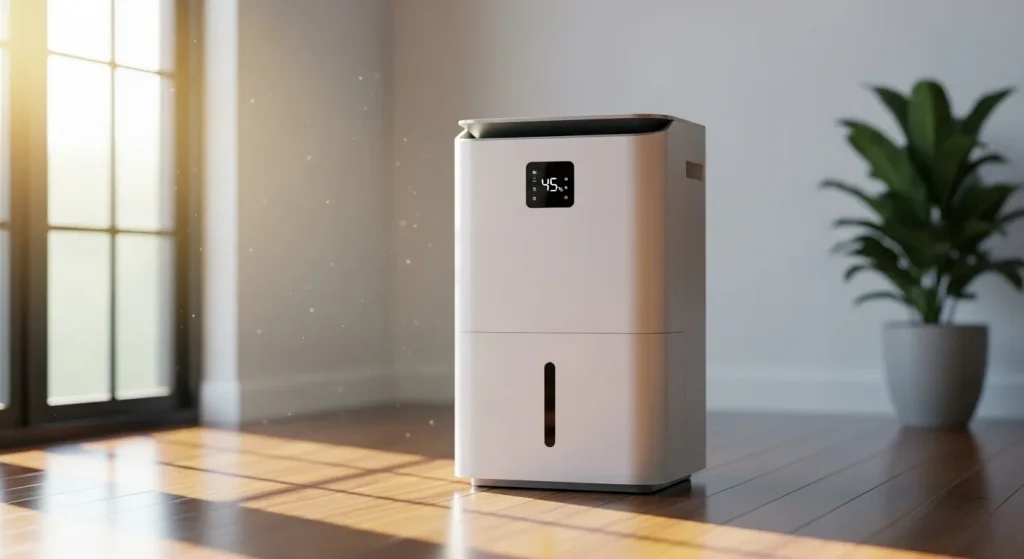 A dehumidifier with a digital display sits on a wooden floor in a well-lit room.