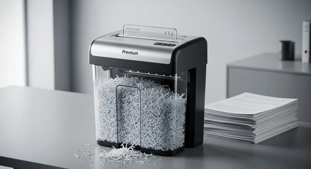 A modern office paper shredder with a large waste container partially filled with shredded paper sits on a desk.