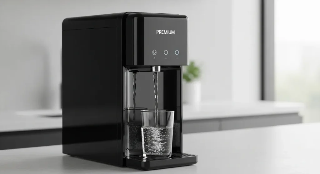 A black water dispenser with a multi-stage filtration system, dispensing hot and cold water into a glass.