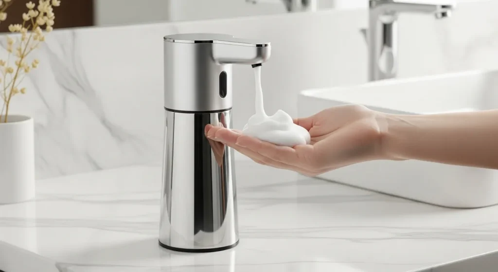 A close-up view of a touchless soap dispenser with a sensor, dispensing foamy soap.
