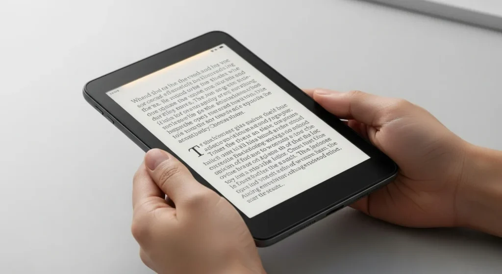 A person holding a thin, rectangular e-reader with text visible on the screen.