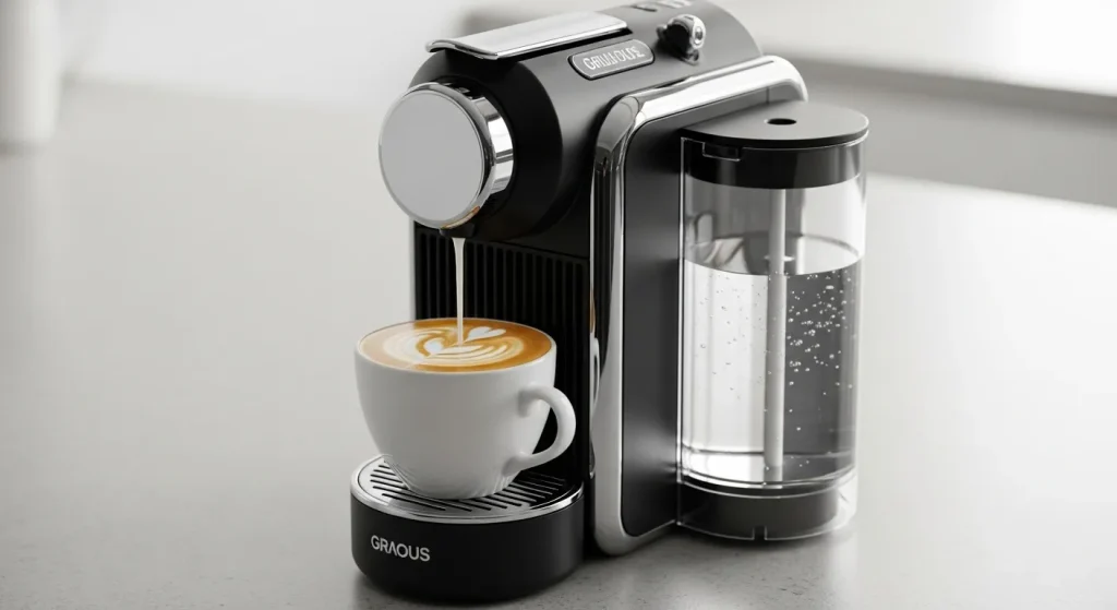 A modern coffee machine with a cup of latte in front of it on a kitchen counter.