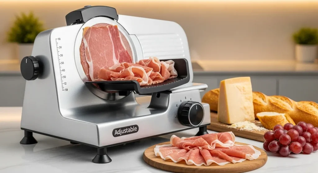 A close-up view of an electric food slicer with adjustable thickness settings, slicing prosciutto.