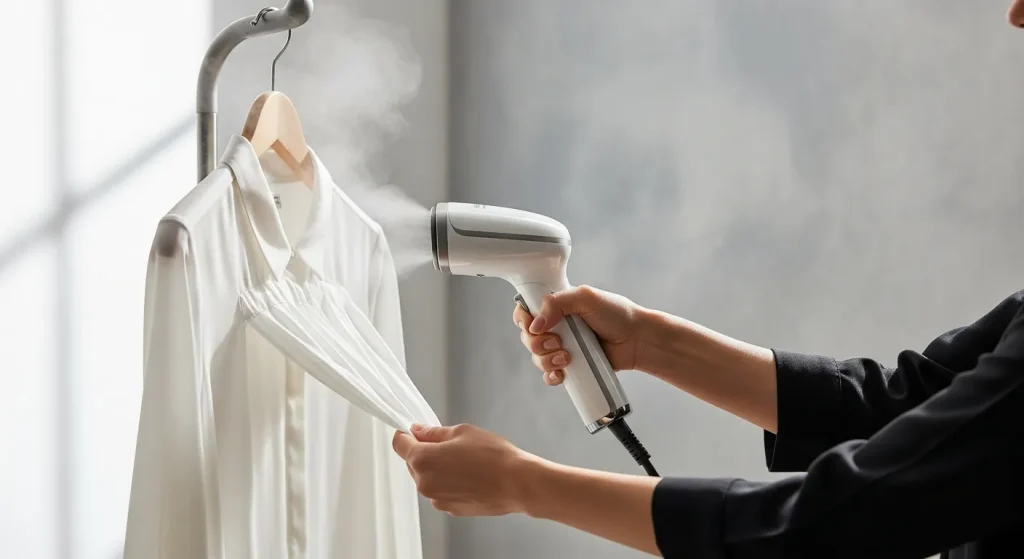 A handheld garment steamer with a slender body and a visible steam nozzle, positioned near a garment hung on a clothes hanger.