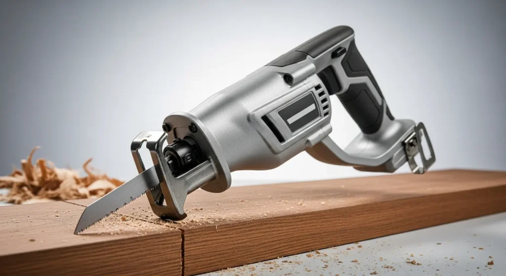 A close-up view of a cordless reciprocating saw with its blade cutting through wood.