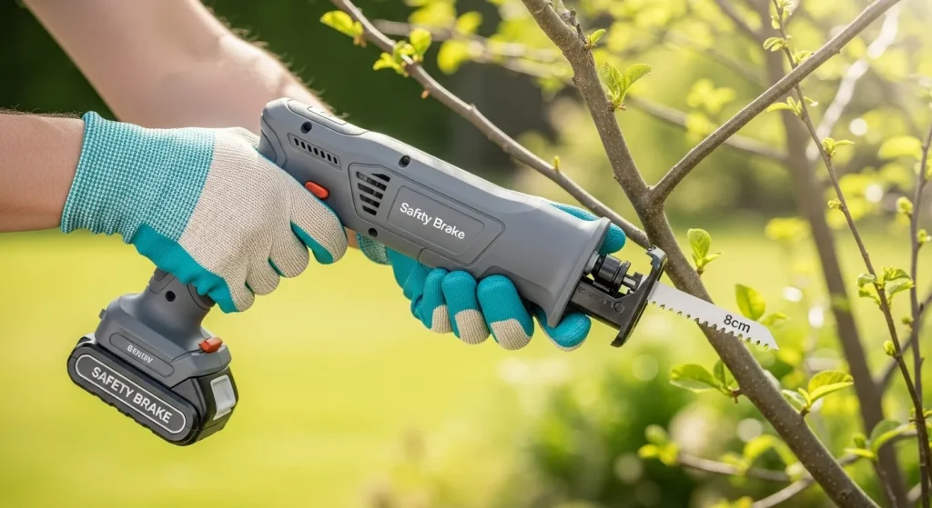 A cordless reciprocating saw with a soft-grip handle is used to cut branches in a garden.