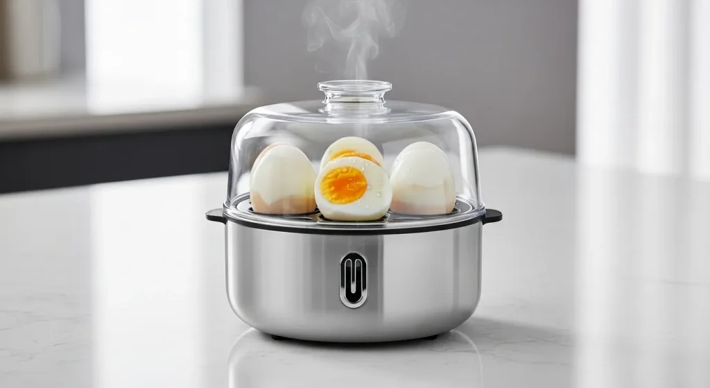 A stainless steel electric egg cooker with a transparent lid, showing cooked eggs inside, sits on a kitchen counter.