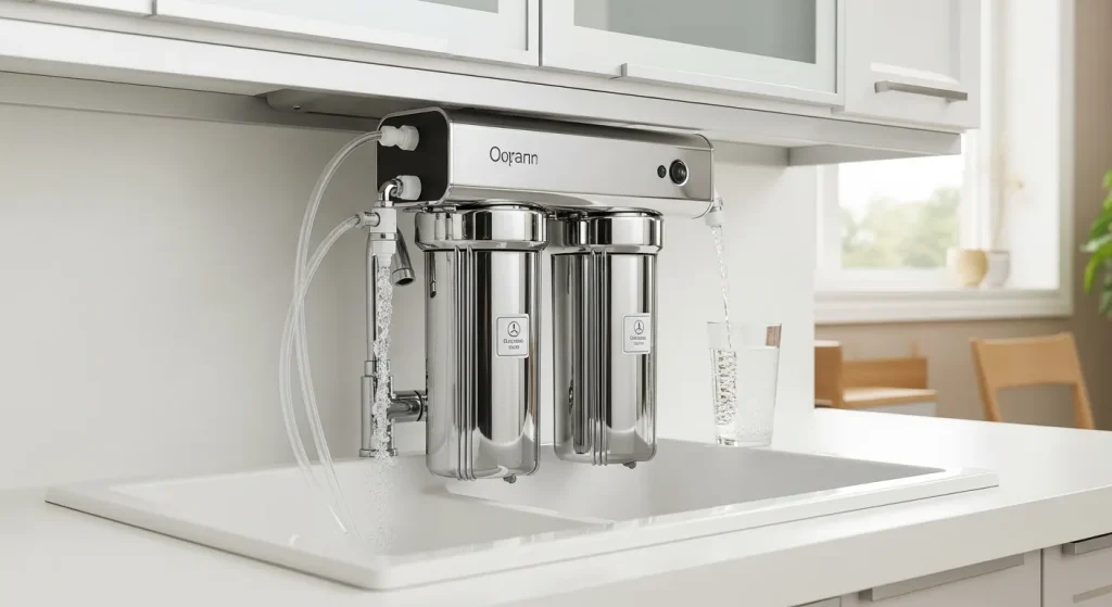 A silver water filter system installed under a kitchen sink with clear tubing and a glass of water next to it.