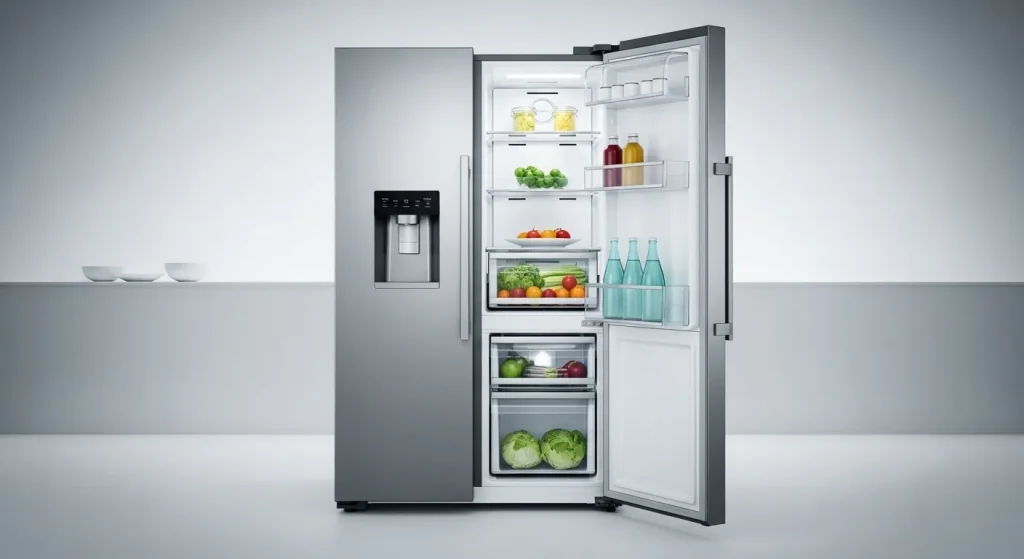 A stainless steel side-by-side refrigerator with two doors stands in a modern kitchen.